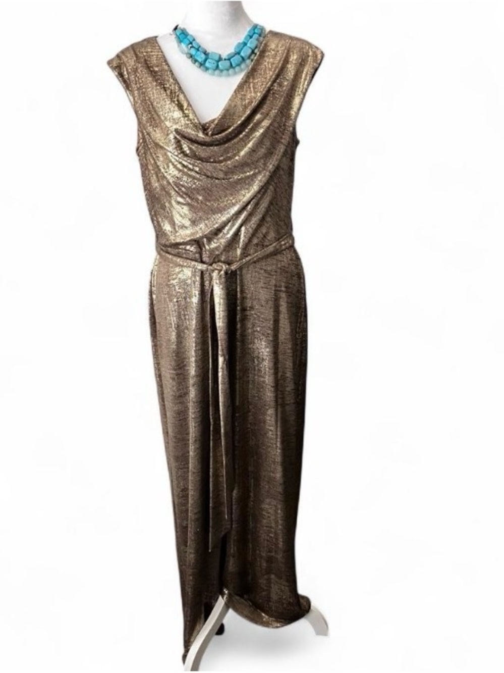 Wedding guest,connected apparel Metallic Gold Cowl-Neck Maxi Dress